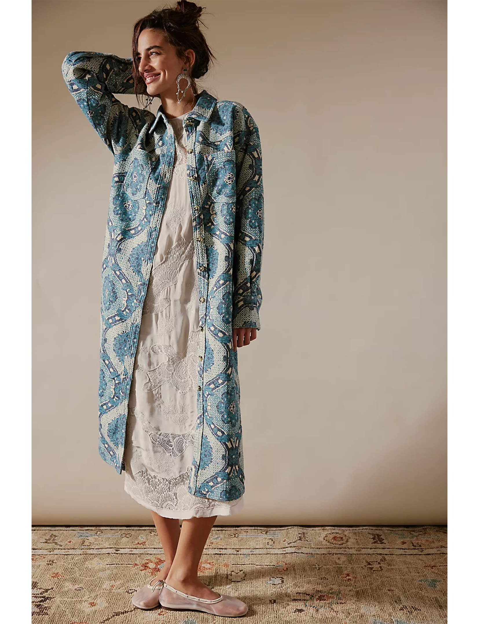 Brick Lane Jacquard Maxi Shirt Jacket, Blue/Combo