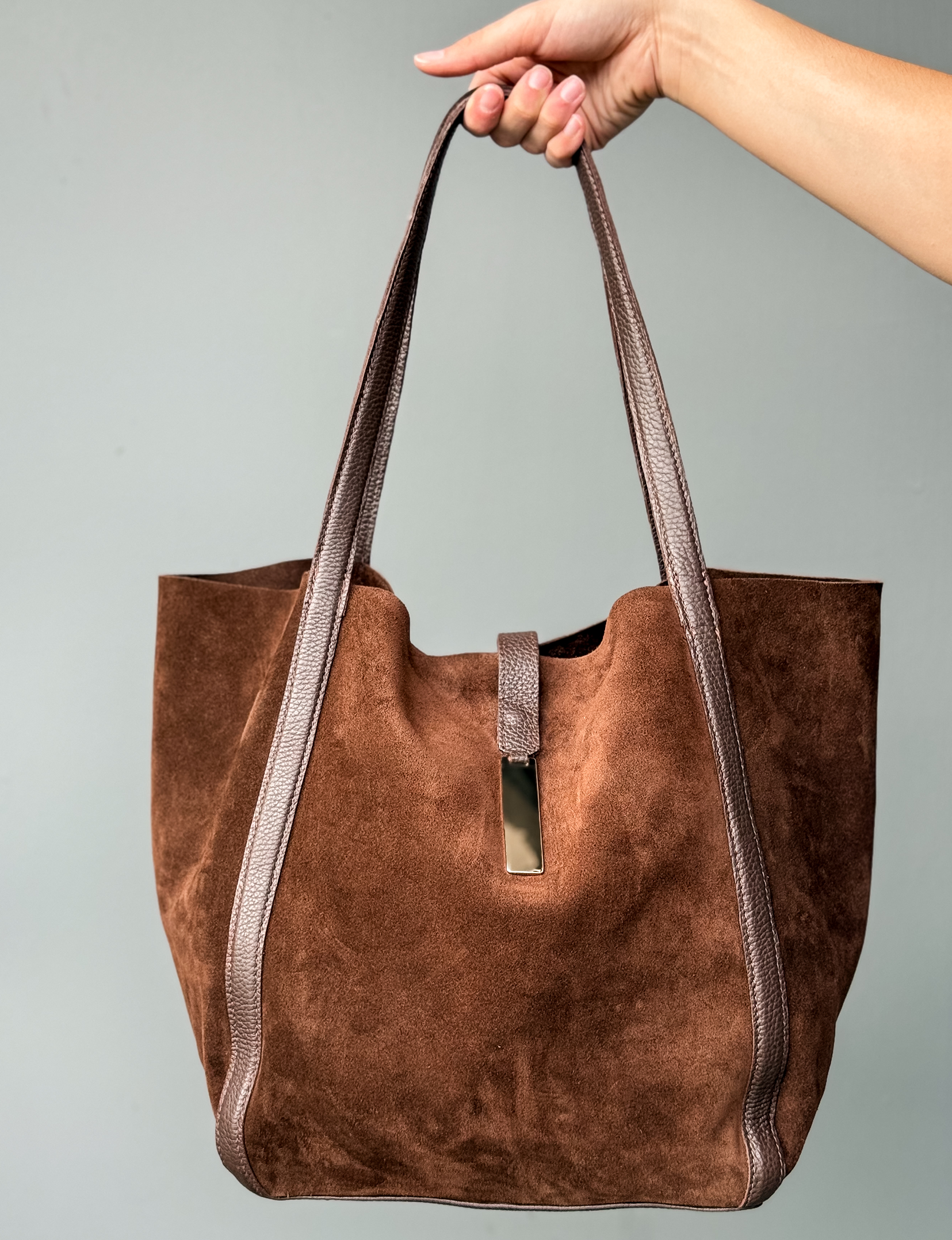 Noel Shoulder Bag, Brown Suede