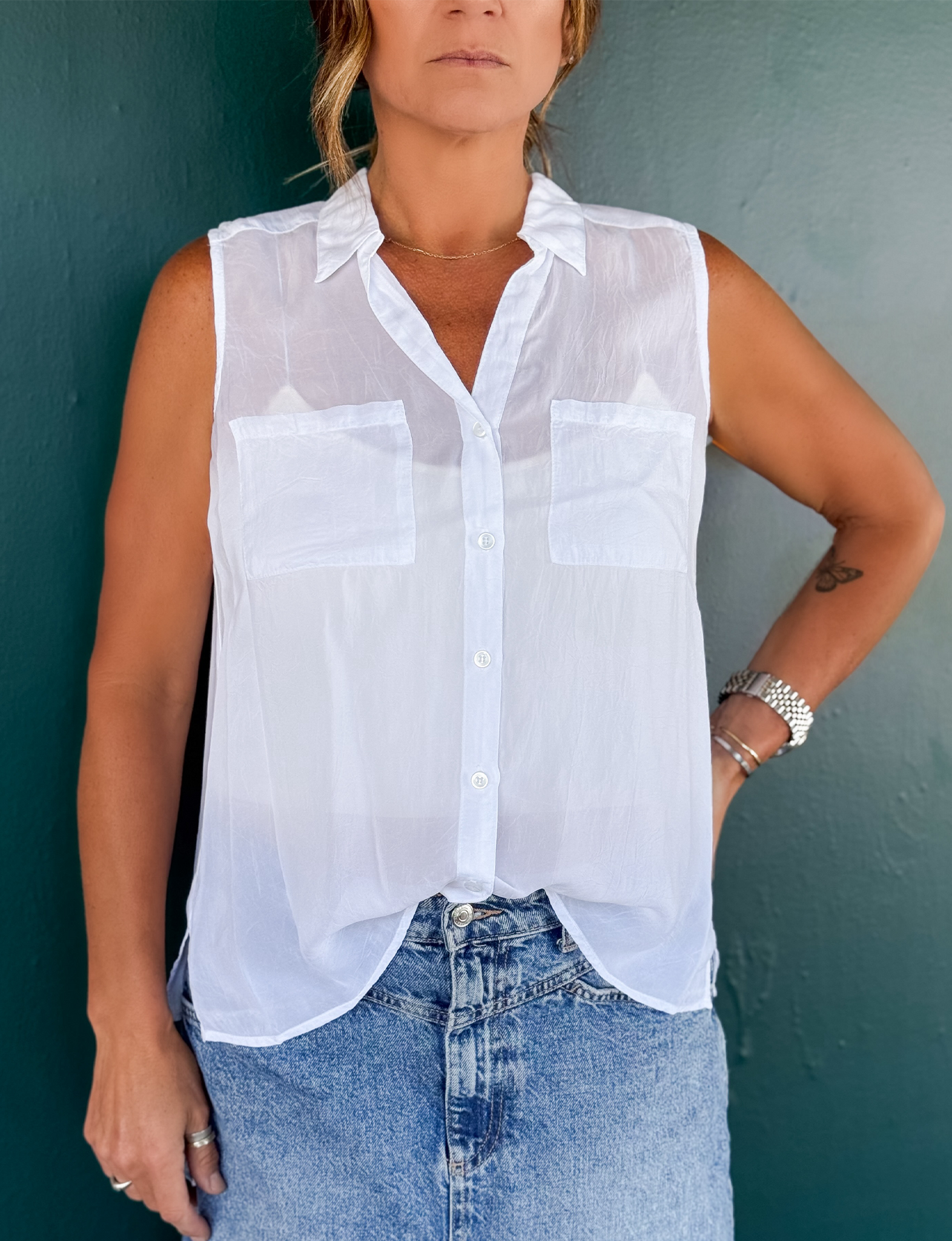 Sleeveless Cargo Pocket Top, White