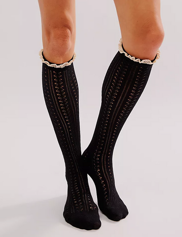 Misty Net Pointelle Tall Socks, Black