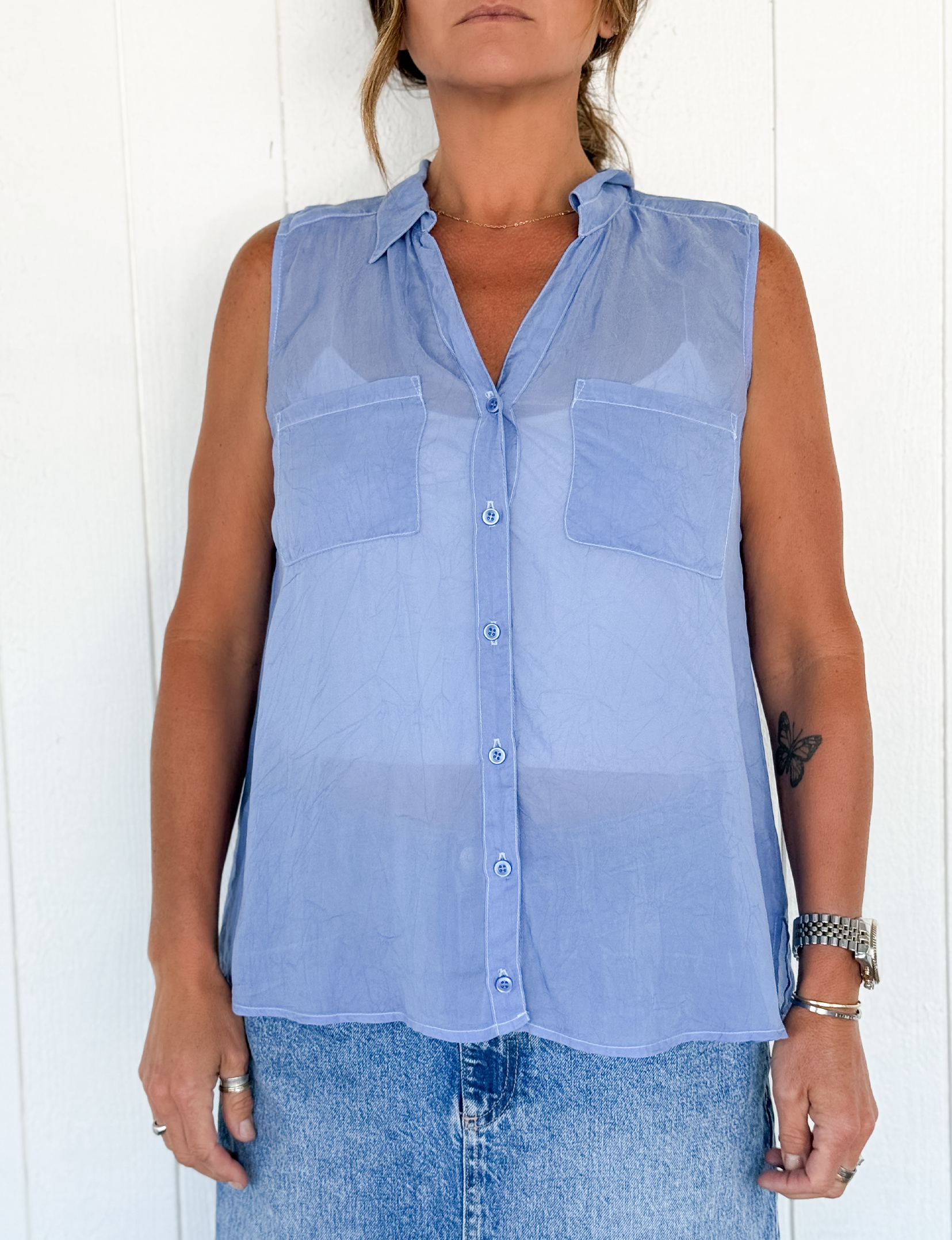 Sleeveless Cargo Pocket Top, French Blue