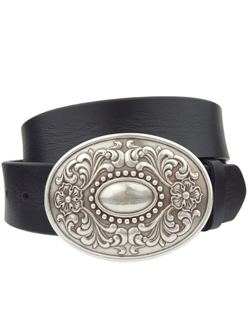 Silver Floral Buckle Belt, Black Leather