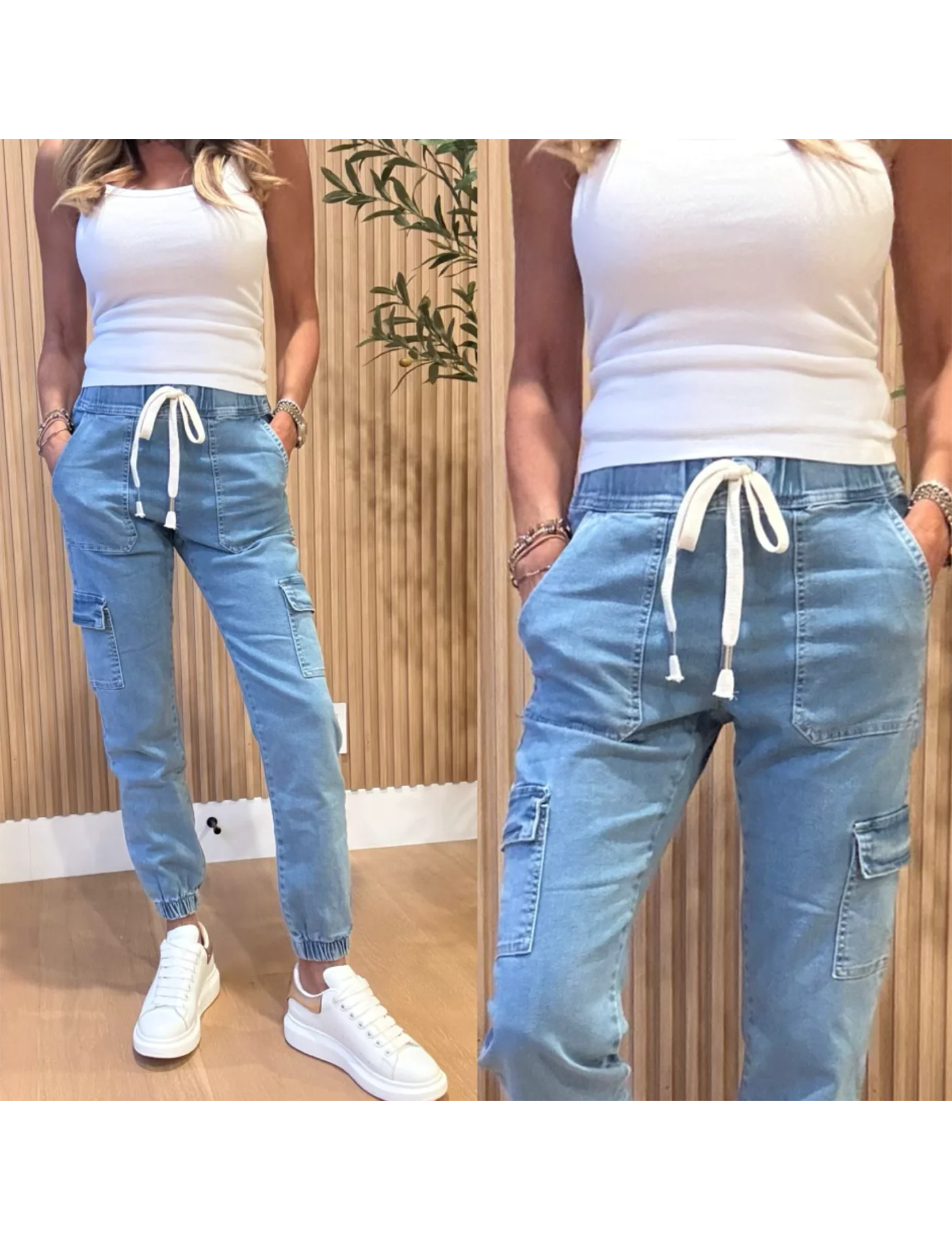 Gaya Cargo Jogger, w/ Linen Tie, Light Denim