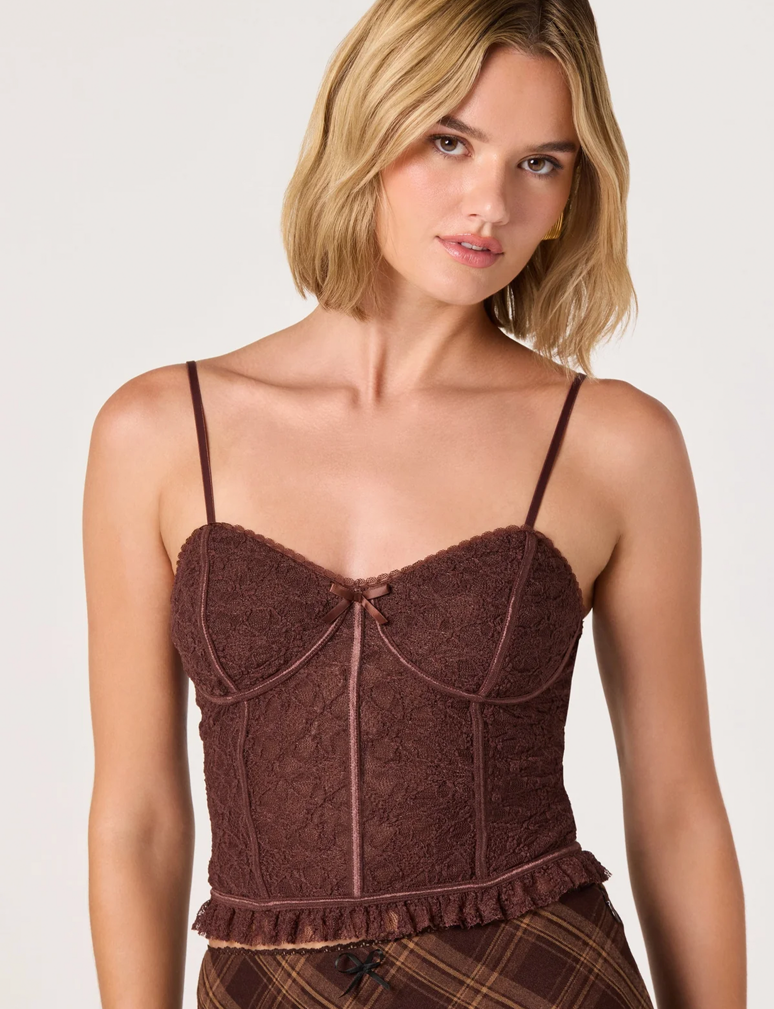 Lace Sweetheart Bustier Top, Brown