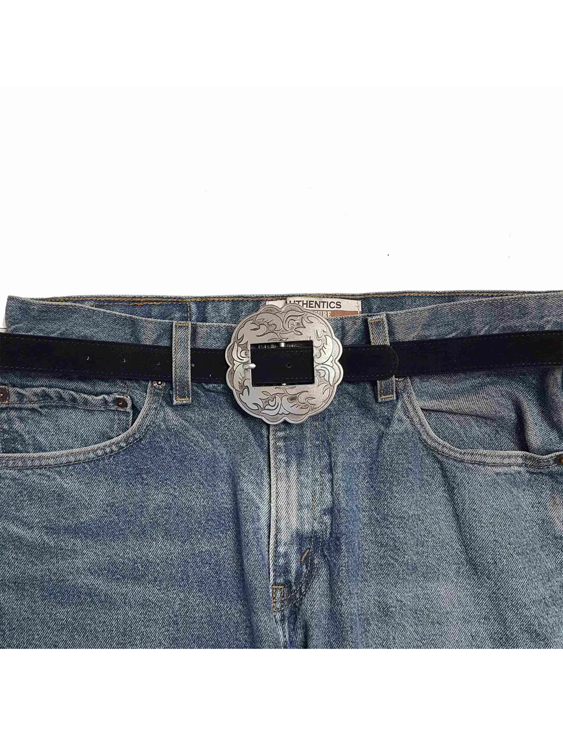 Floral Buckle Belt, Black Leather Suede