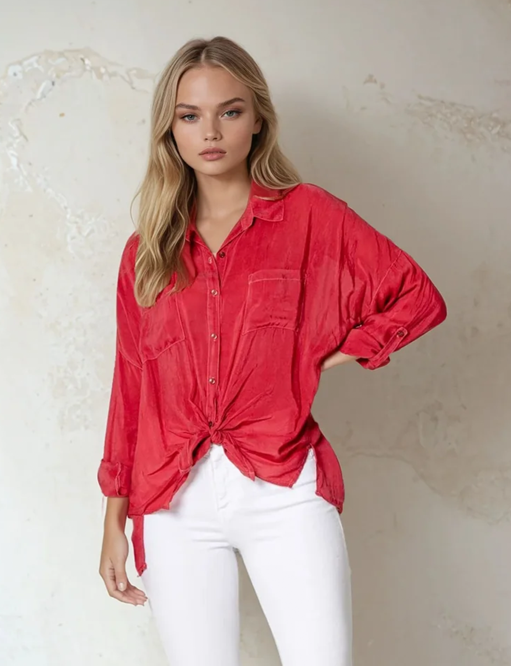 Cargo Button Down Tie Top, Red
