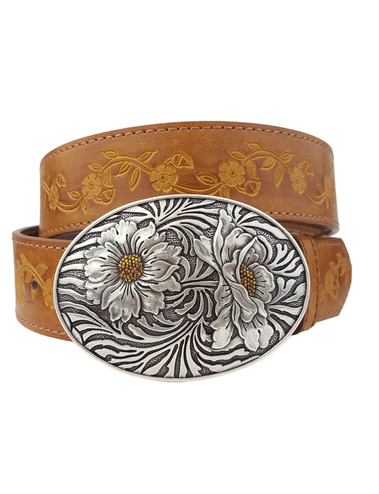 Vintage Sunflower Buckle Belt, Tan