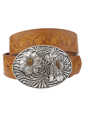 Vintage Sunflower Buckle Belt, Tan