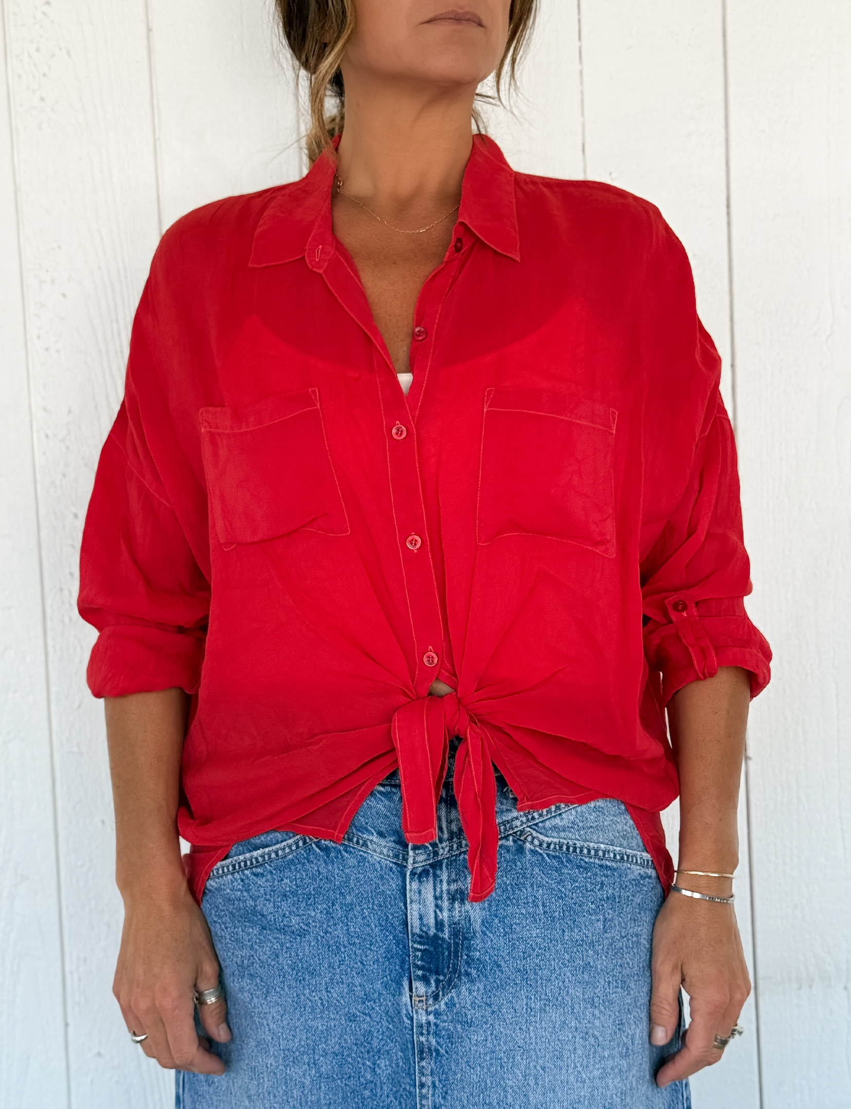 Cargo Button Down Tie Top, Red
