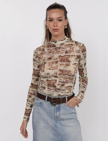Giddy Up Mesh Top, Brown/Multi