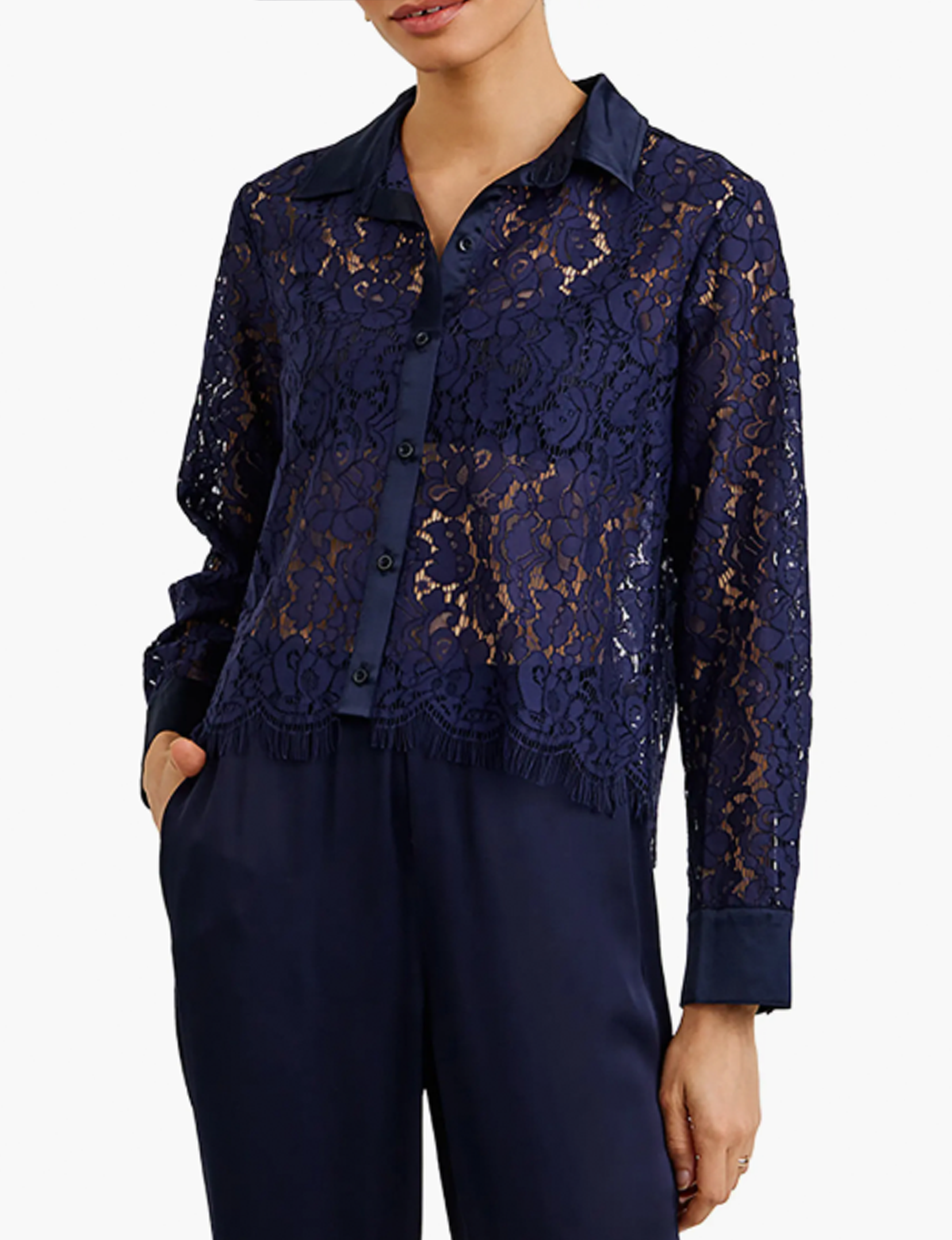 Lace Contrast Shirt, Midnight Sky