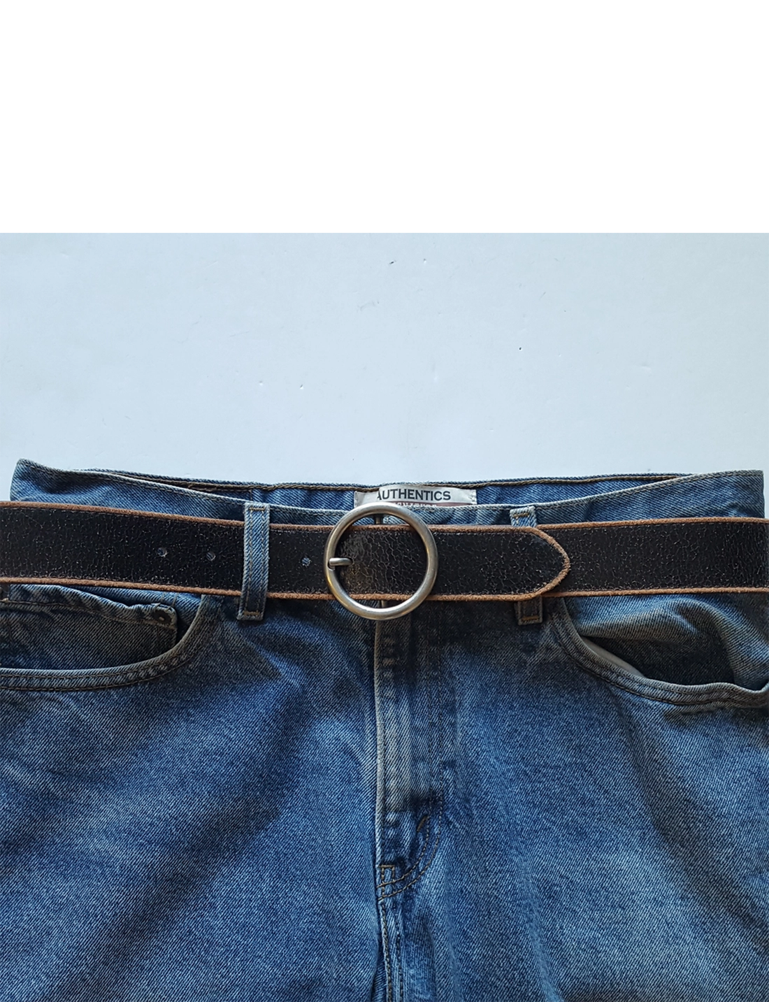 Distressed Vintage Leather Belt, Black/Brass