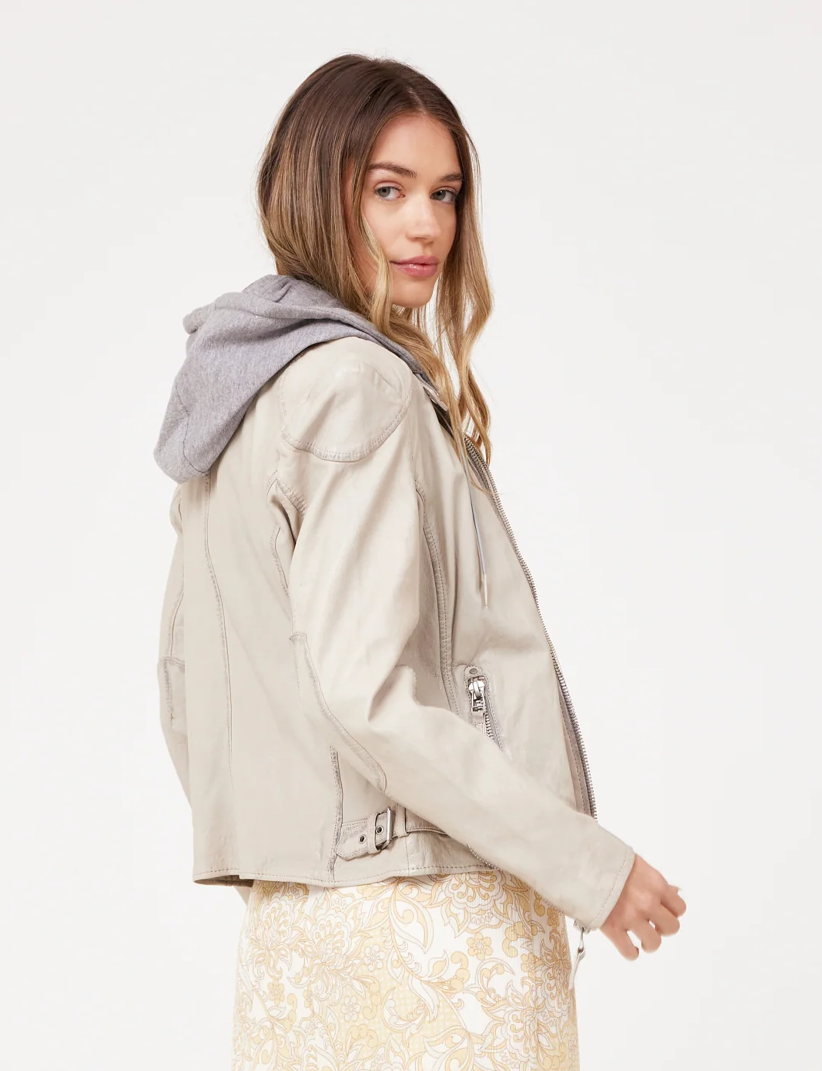 Finja Hooded Leather Jacket, Light Beige