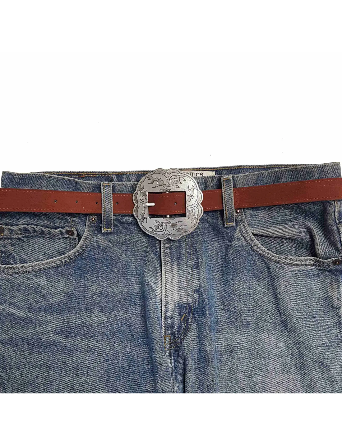 Floral Buckle Belt, Brown Leather Suede