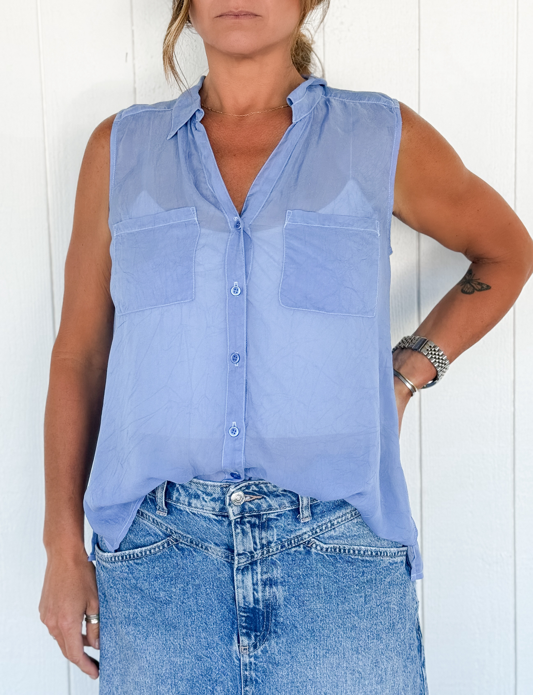 Sleeveless Cargo Pocket Top, French Blue