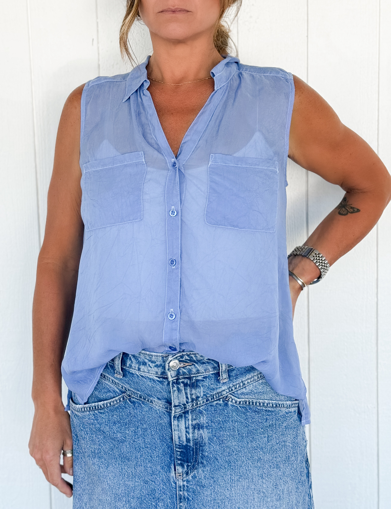 Sleeveless Cargo Pocket Top, French Blue