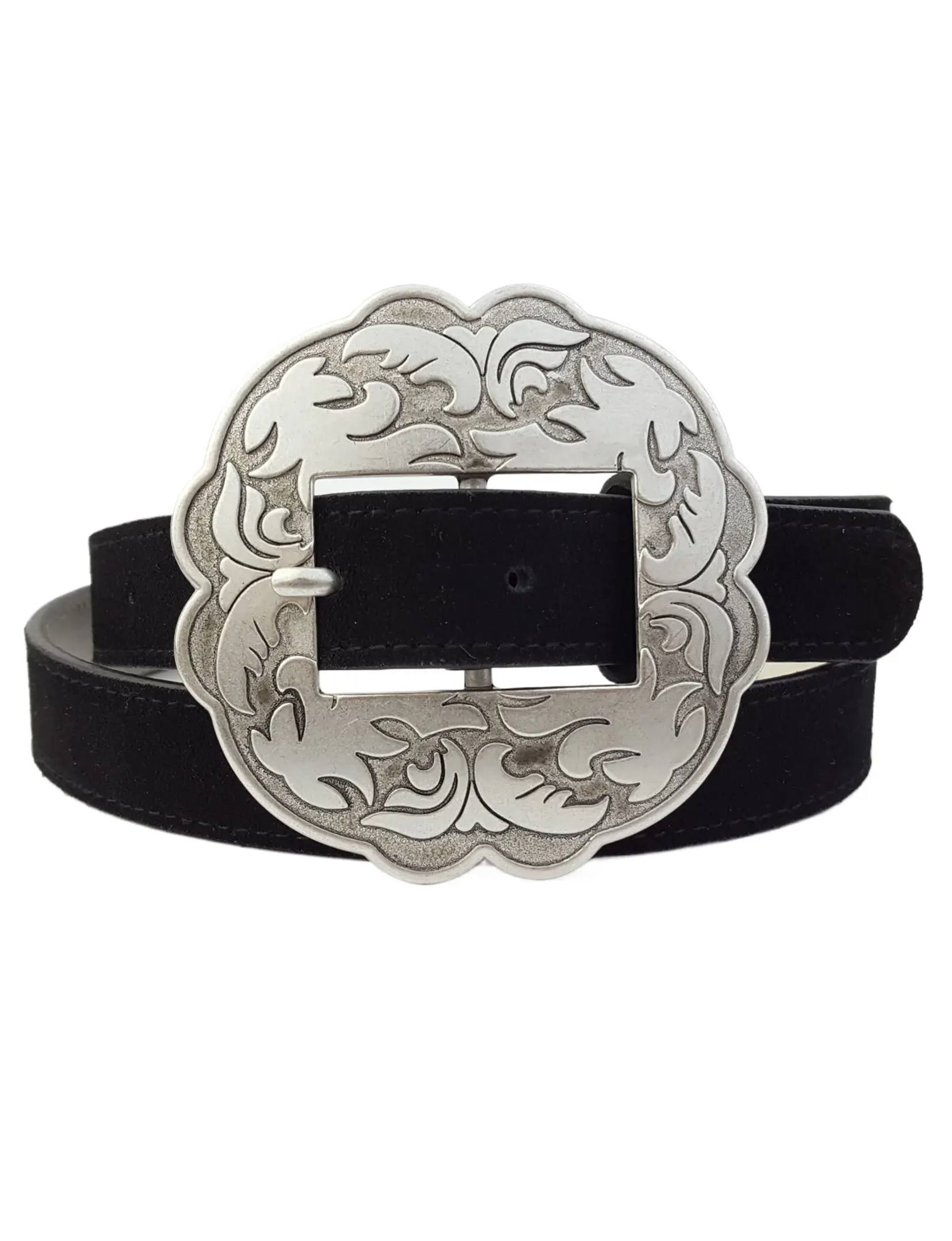 Floral Buckle Belt, Black Leather Suede