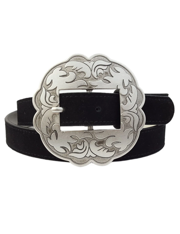 Floral Buckle Belt, Black Leather Suede