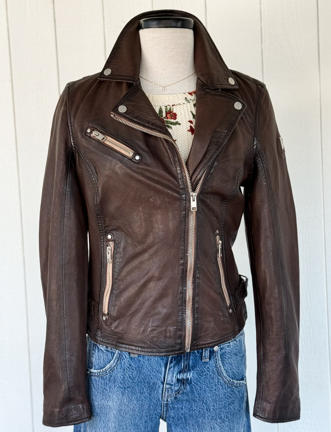 Sofia Leather Moto Jacket, Black/Brown
