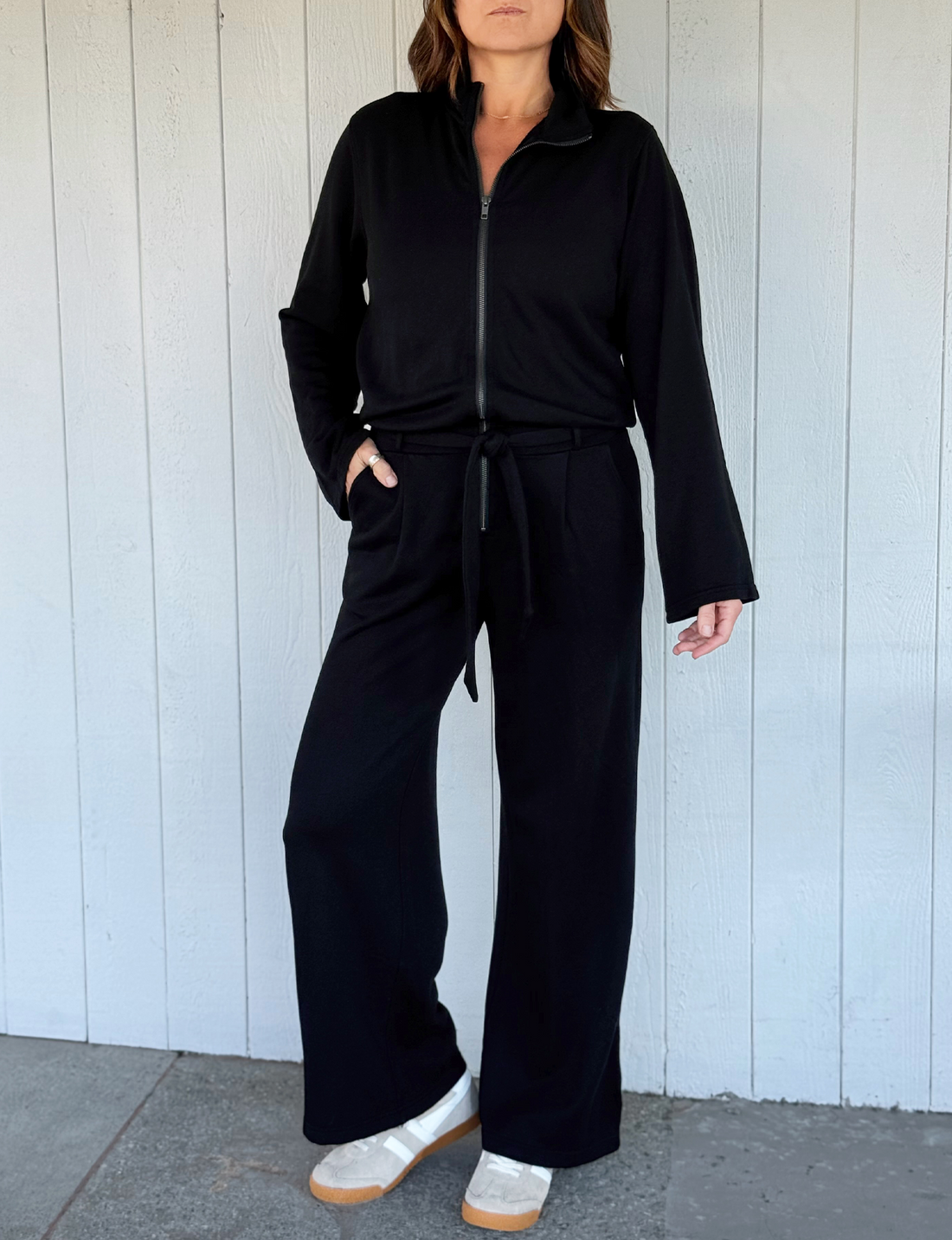 L/S Wide Leg Jumpsuit, Black