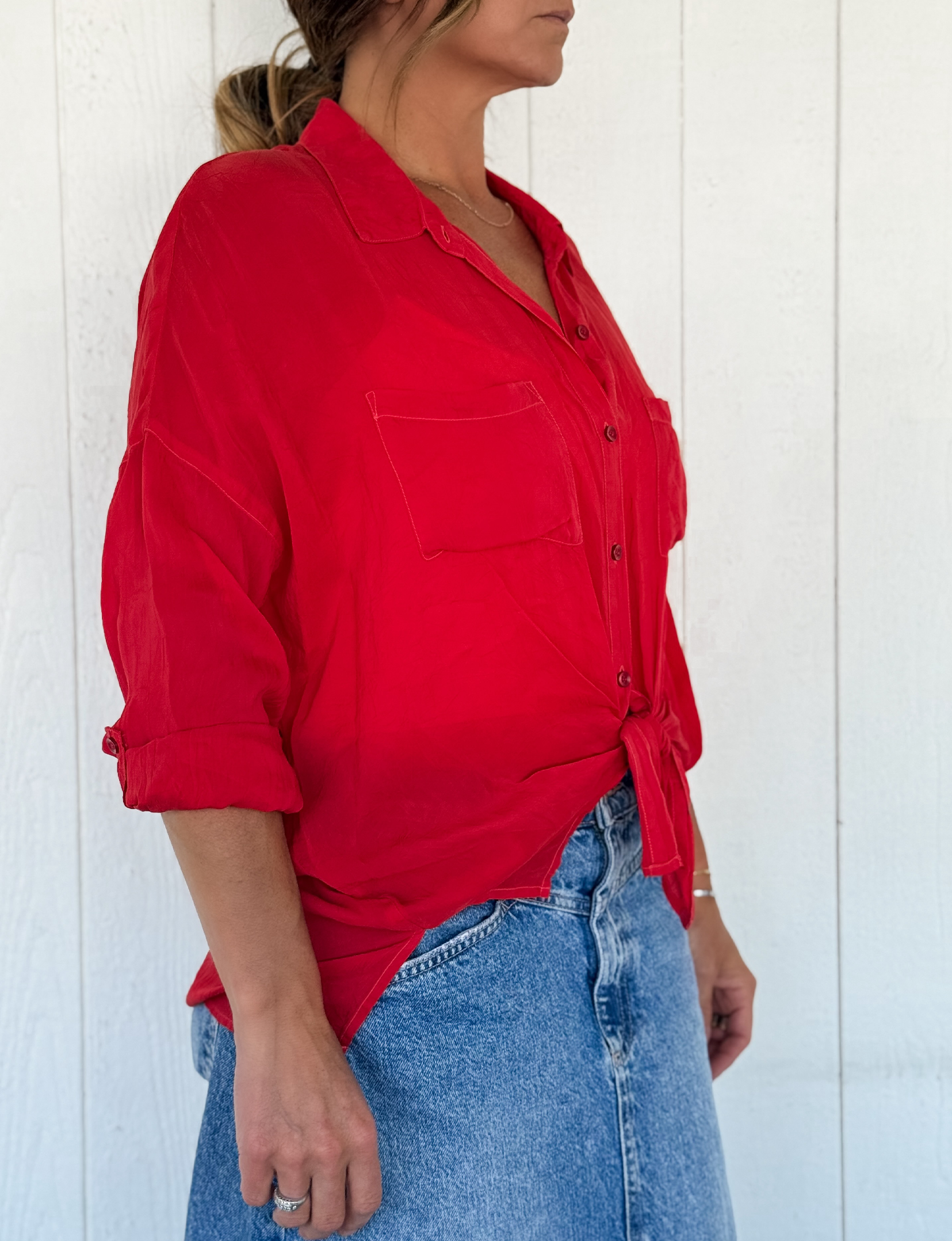 Cargo Button Down Tie Top, Red