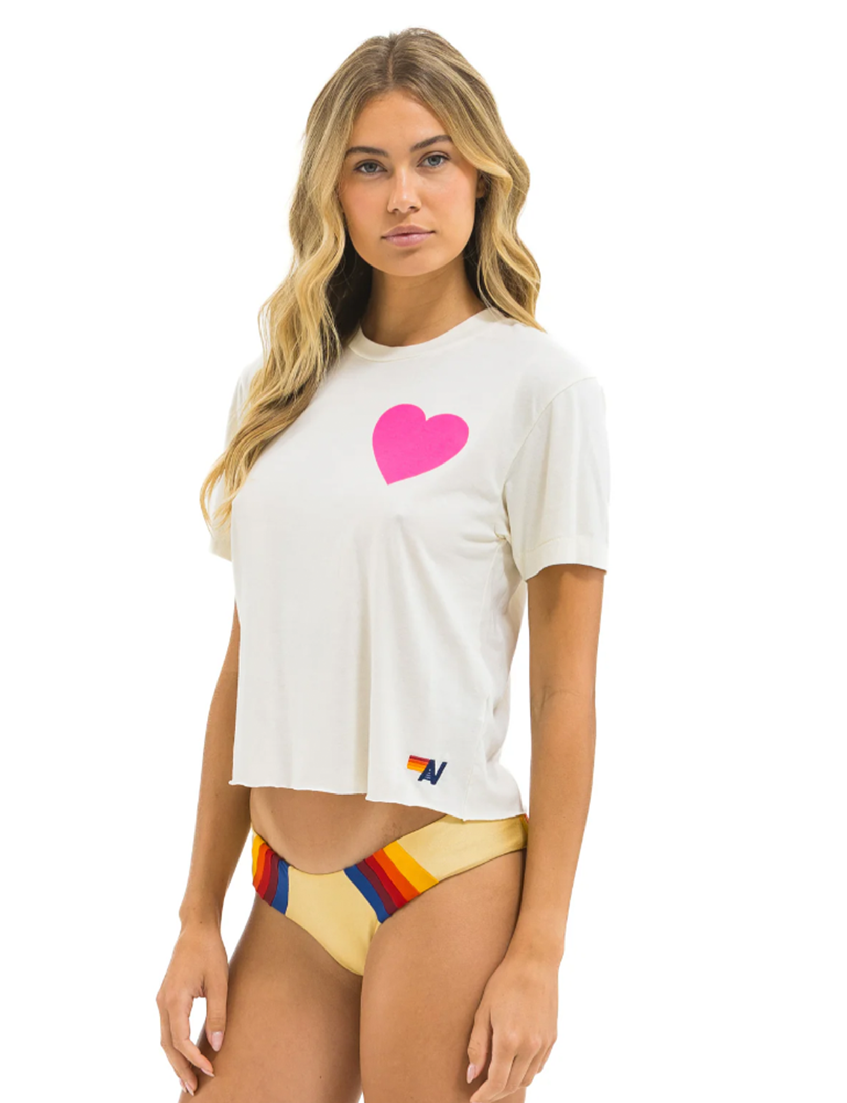 Heart Print Boyfriend Tee, Vintage White/Neon Pink