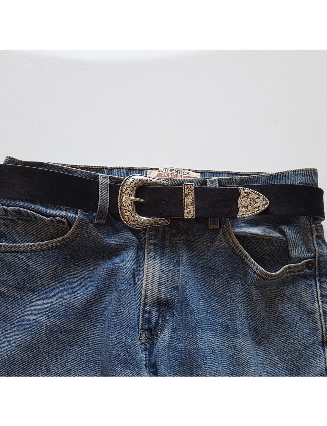 Western Silver Buckle Belt, Black