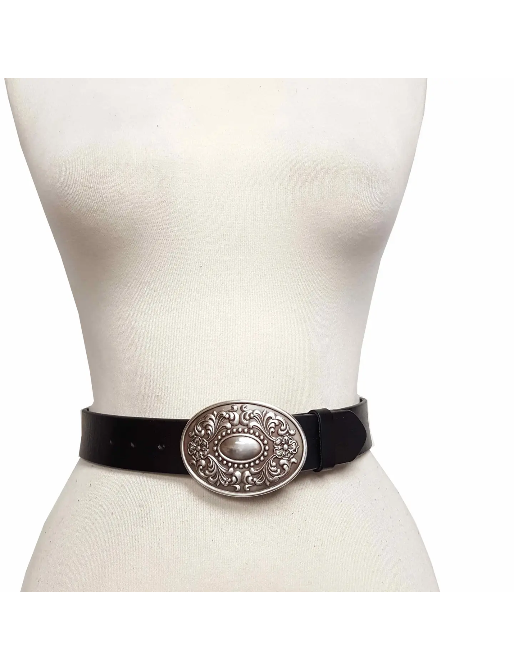 Silver Floral Buckle Belt, Black Leather