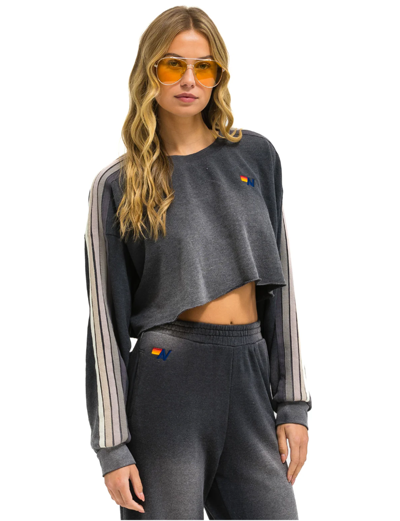 Relaxed Cropped Crew Stripe Sweatshirt, Faded Smoke