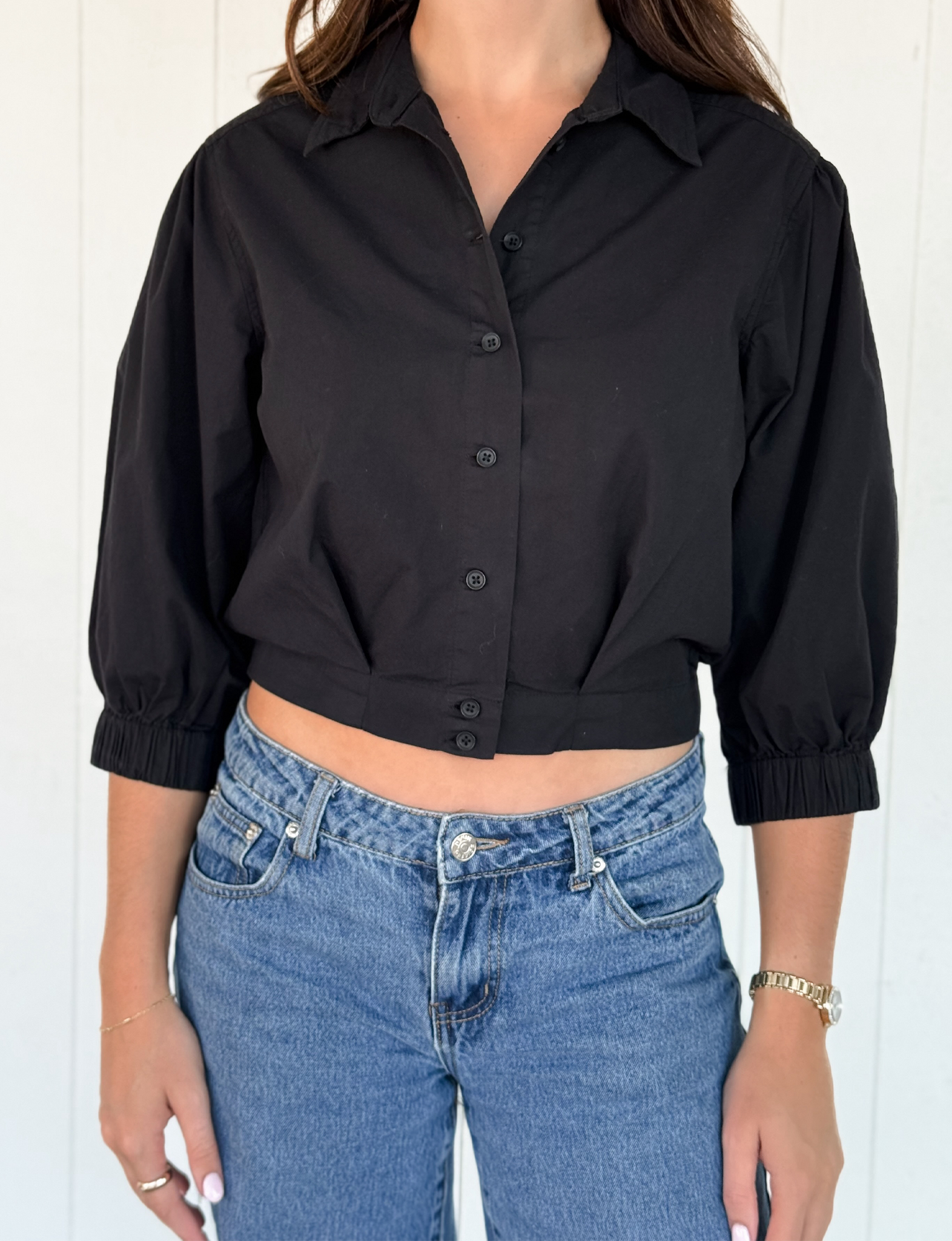 Cropped Puff Sleeve Shirt, Black