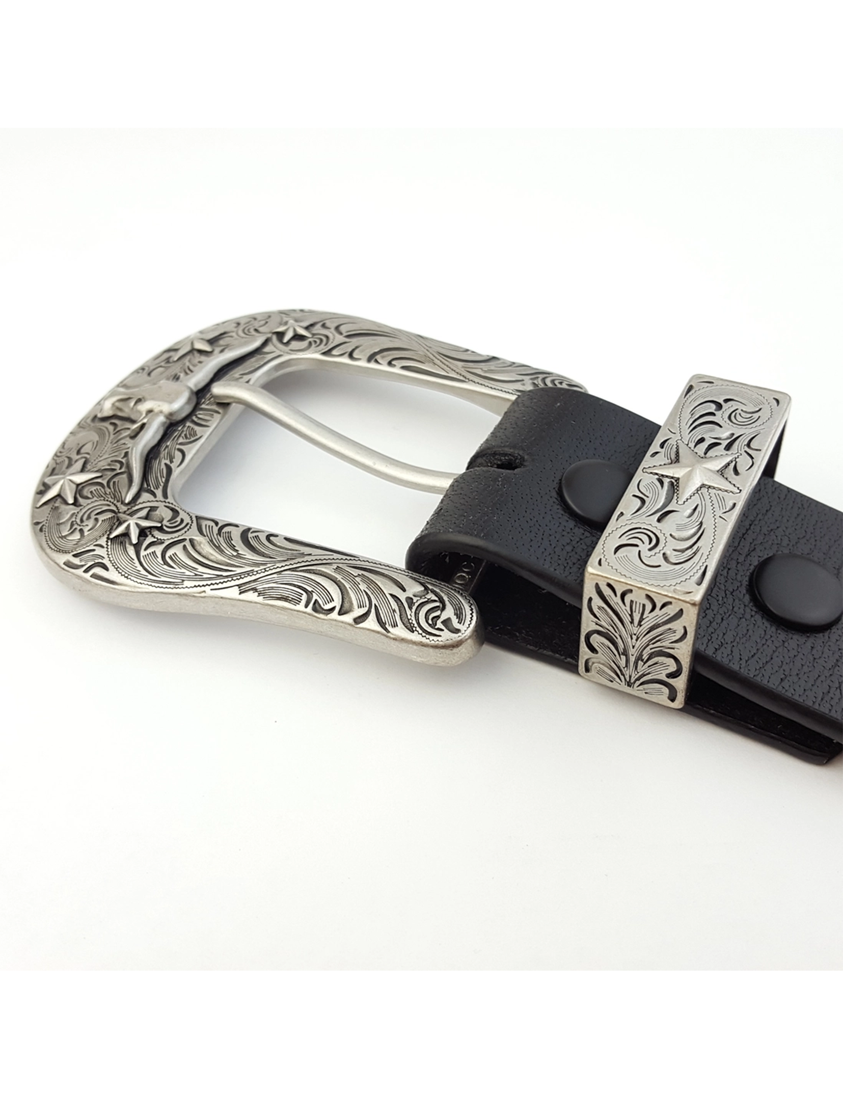 Antique Silver Long Horn Belt, Black