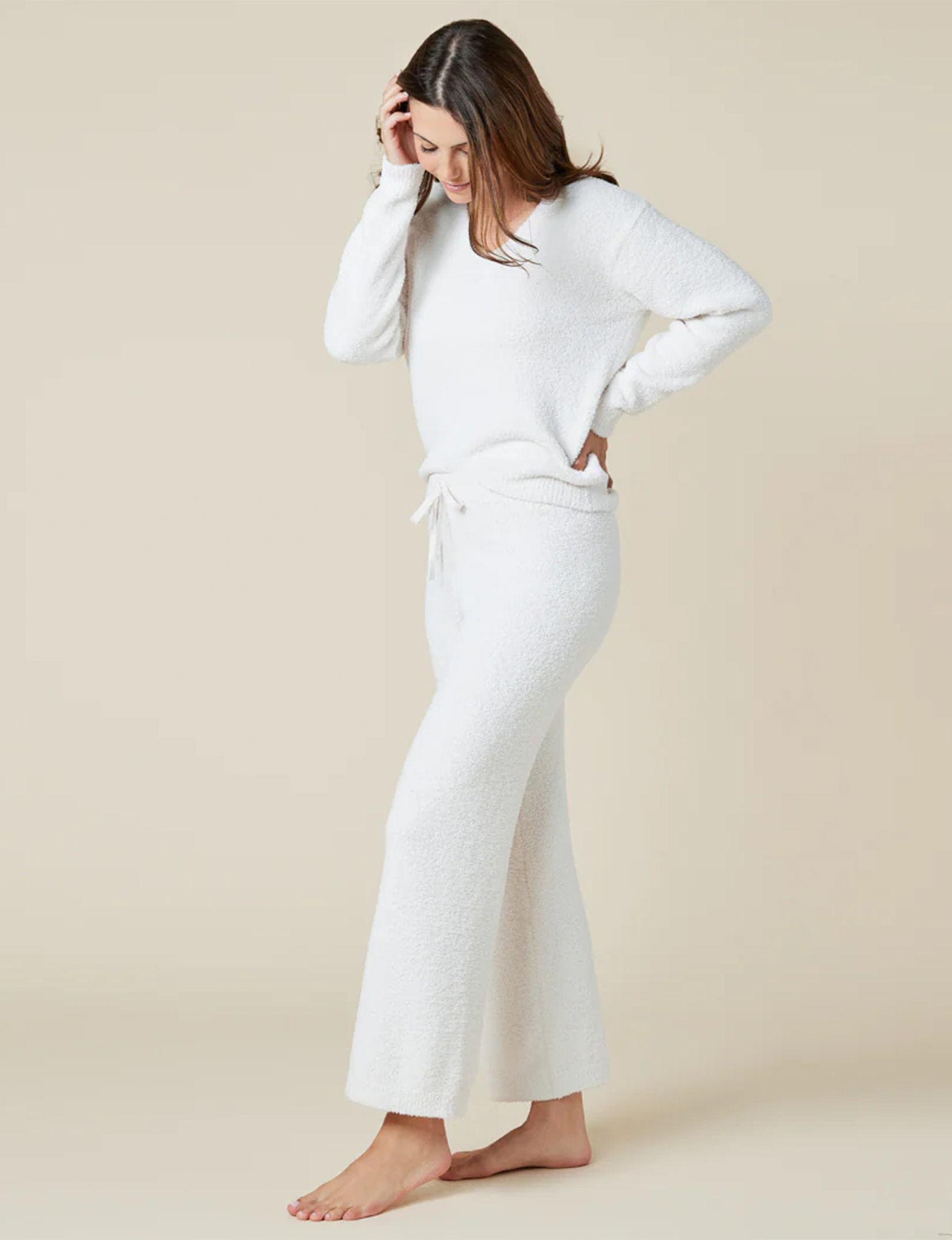 Solid Marshmallow V-Neck Lounge Set, Almond