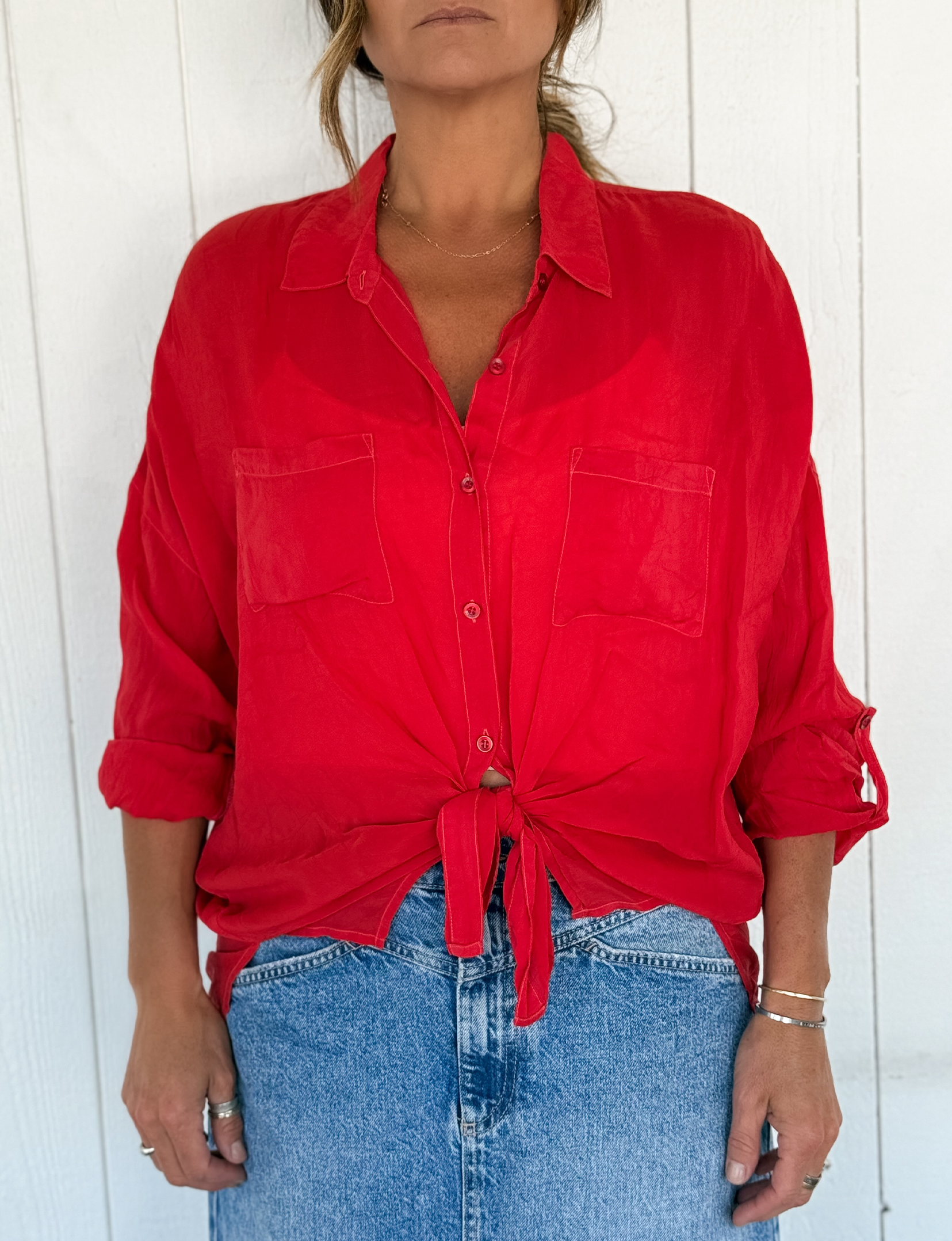 Cargo Button Down Tie Top, Red