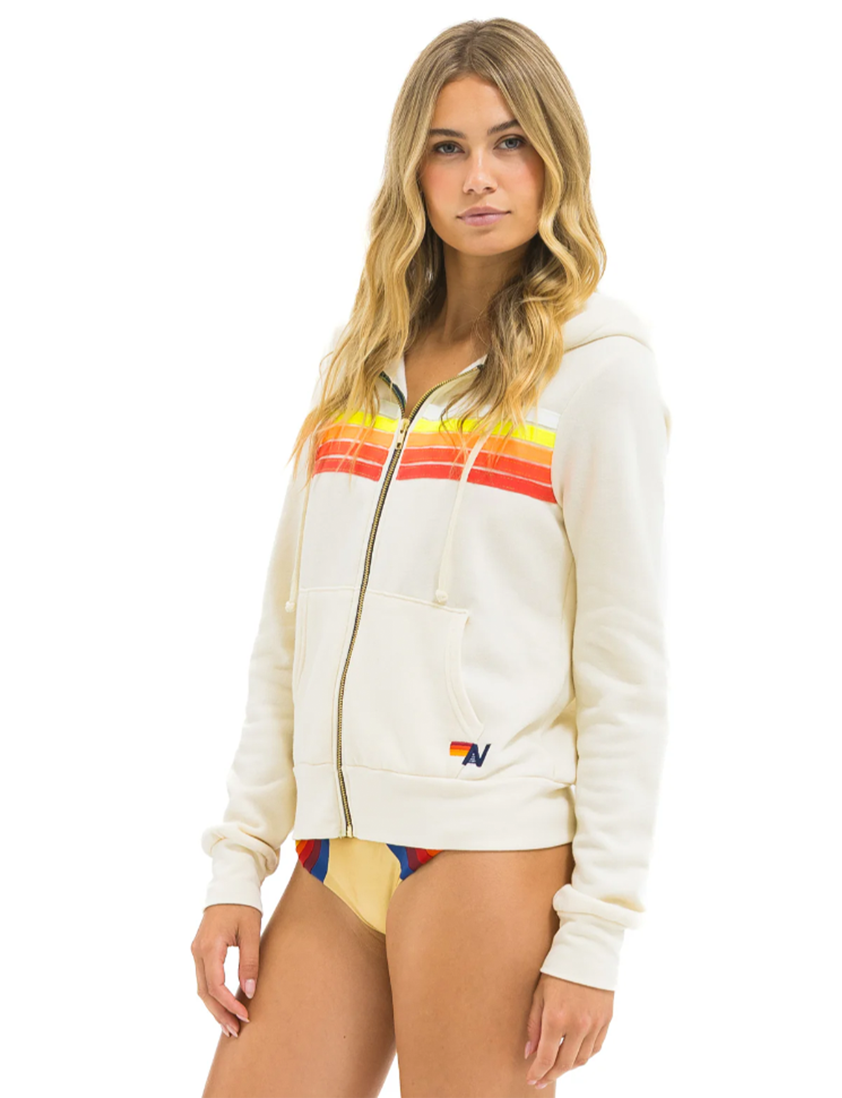 5 Stripe Zip Hoodie, Vintage White/White Neon