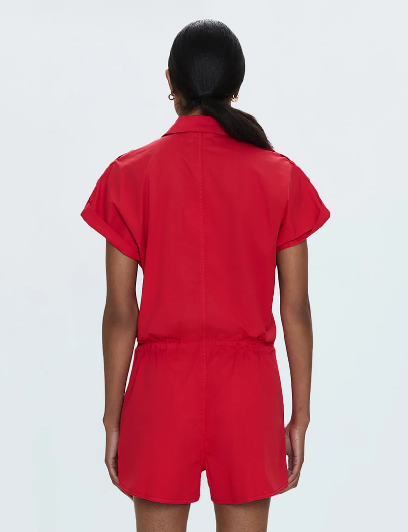 Meg Short Sleeve Zip Up Romper, Ruby