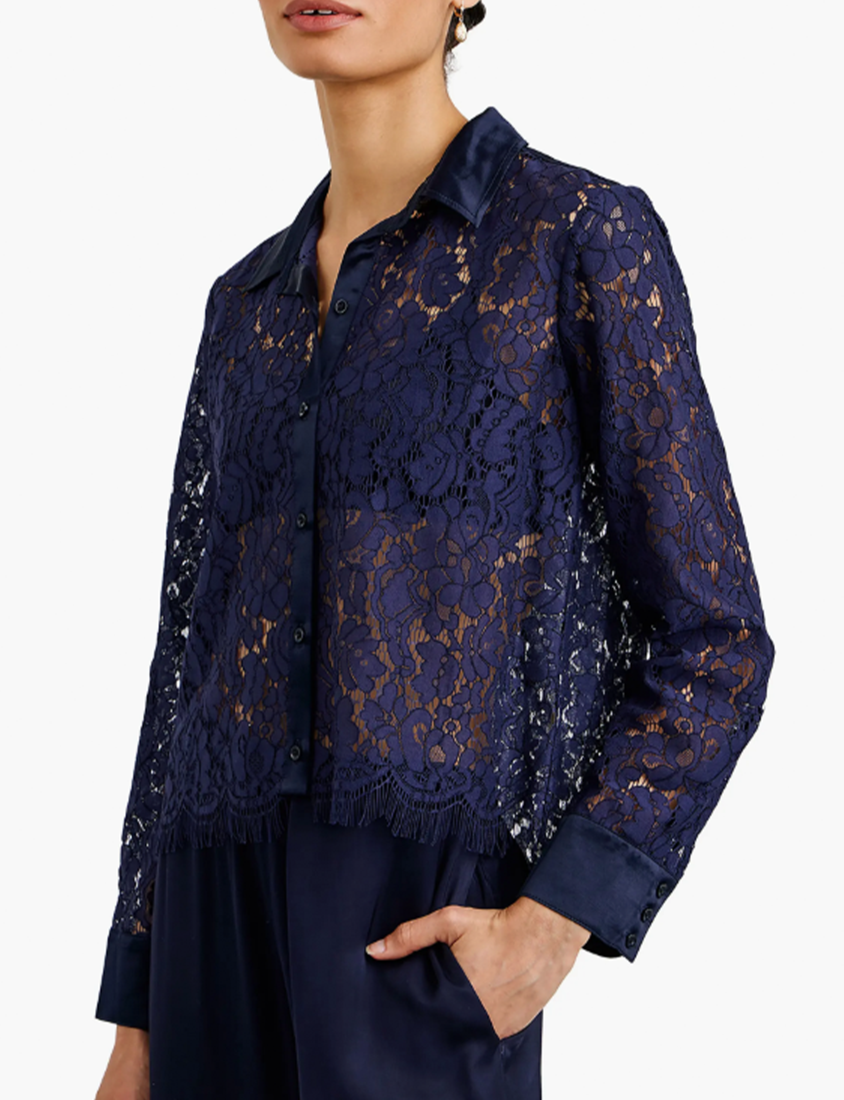 Lace Contrast Shirt, Midnight Sky