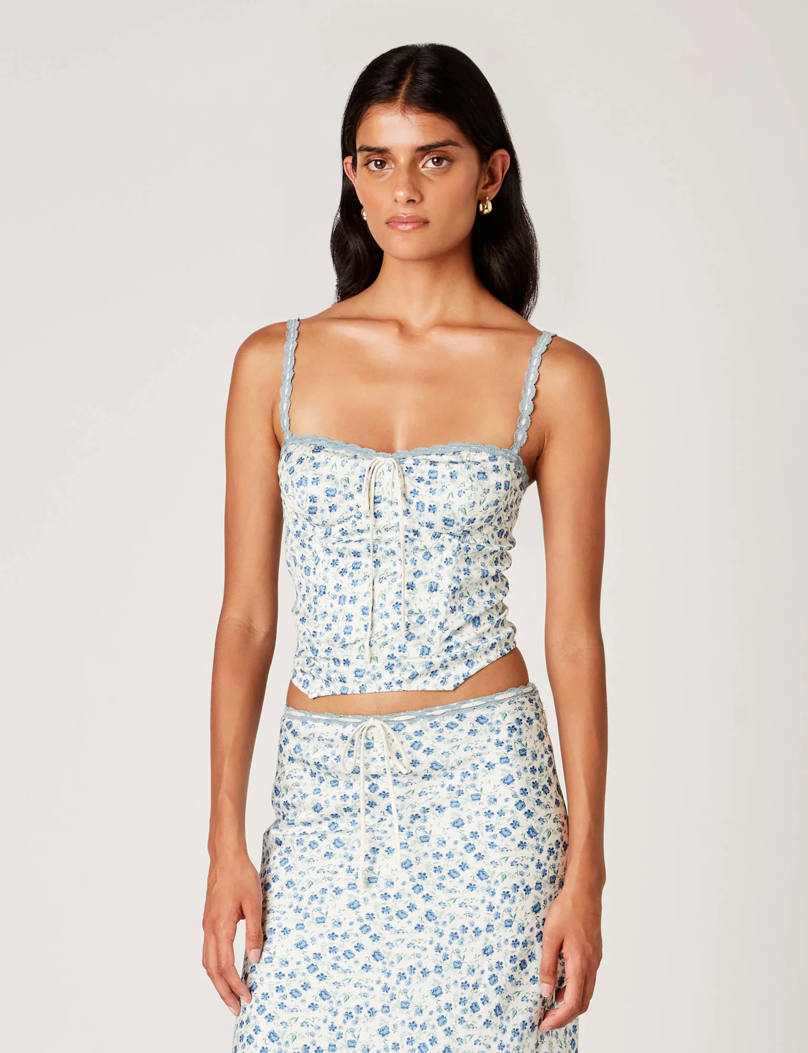 Pauline Corset, Ivory/Blue Floral