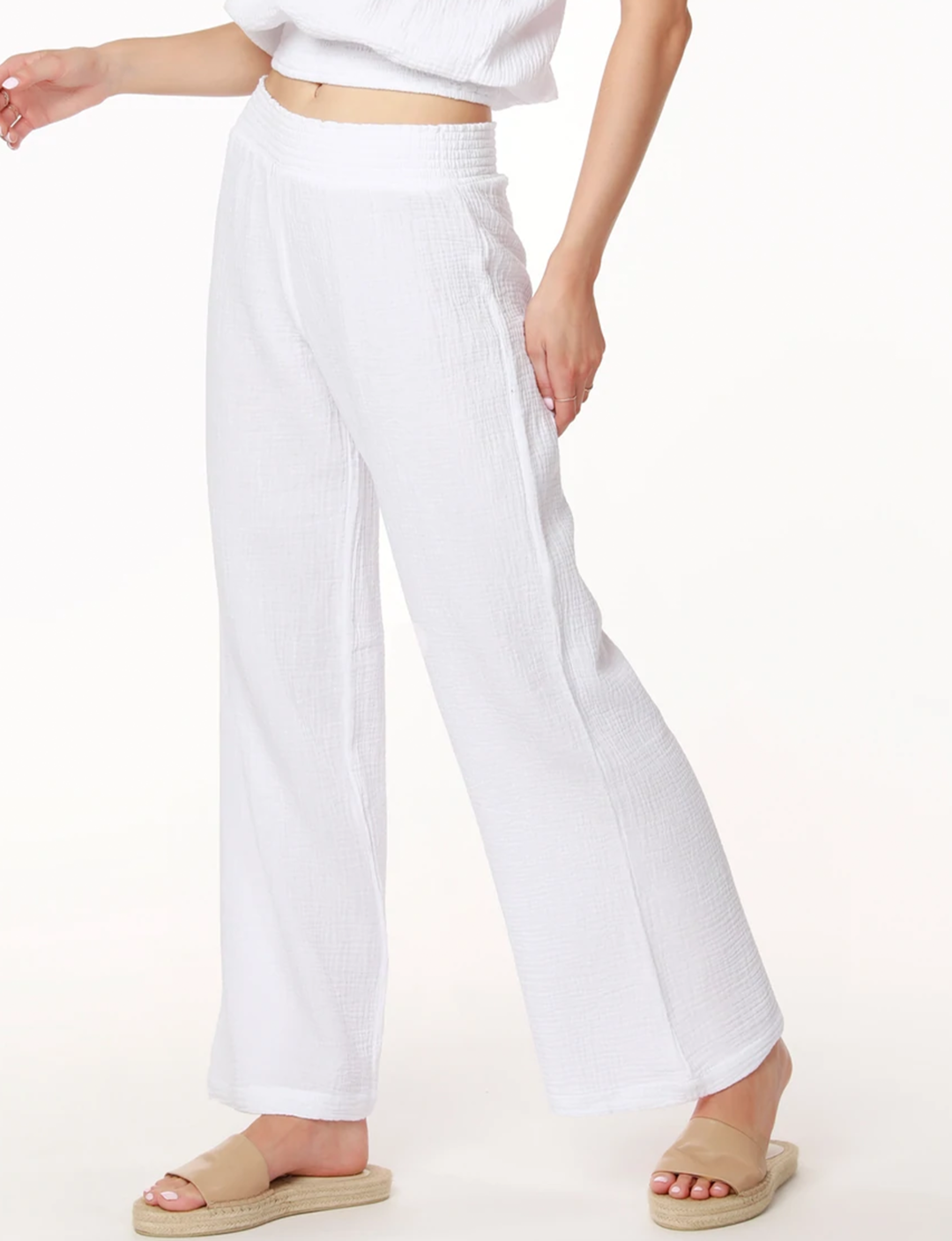 Smocked Waist Wide Leg Pant, White