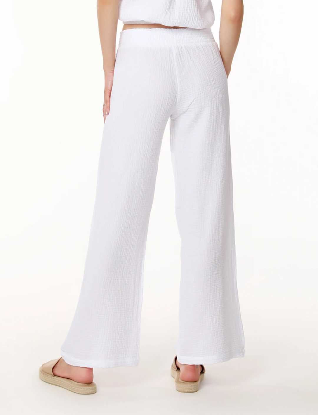 Smocked Waist Wide Leg Pant, White